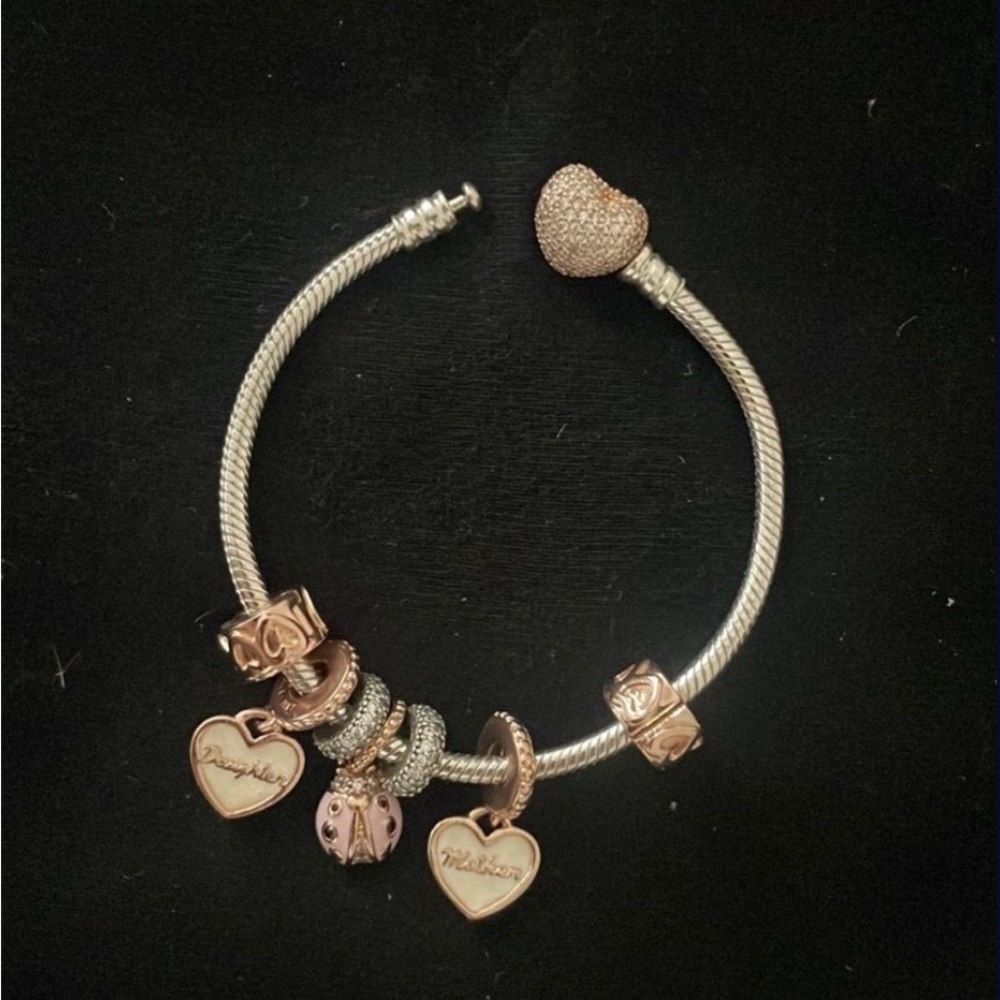 Pandora CZ 14k rose gold plated heart clasp bracelet in size 17 w dangles & clip